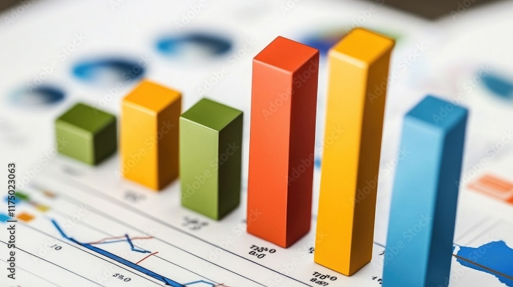Poster abstract financial bar graph with sharp, colorful columns rising in height, on a blurred background 