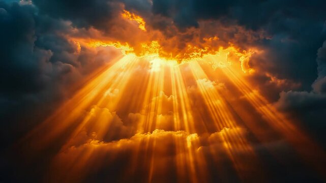 Beautiful landscape of cloudscape with large, building clouds and sunset behind shining sun rays, rays of light, and eventually breaking through cloud mass.