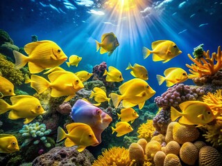 Panoramic Underwater Scene: Vibrant Yellow Tang Fish in Coral Reef
