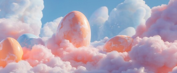 Pastel Easter eggs floating in dreamy pink and blue clouds, ideal for Easter promotions, holiday cards, children's designs, spring-themed branding, and whimsical event invitations
