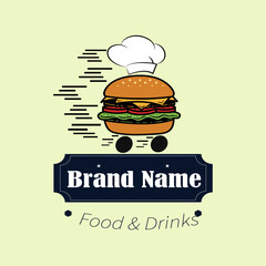 Burger factory logo. Hamburger restaurant emblem. Linear flat logo. Burger Logo Vector design template.  Design element for logo, poster, card, banner, emblem