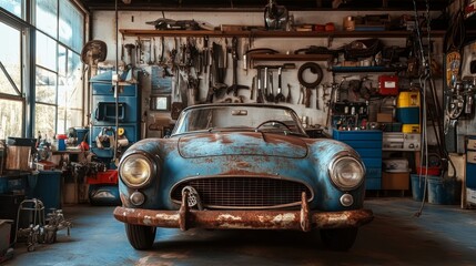 Nostalgic vintage car in retro workshop  a charming scene of classic auto repair and tools