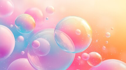 3D rendering of colorful soap bubbles in pink and blue gradient on a pastel background, with close-up macro details and a dreamy minimalist atmosphere, featuring free space for text.