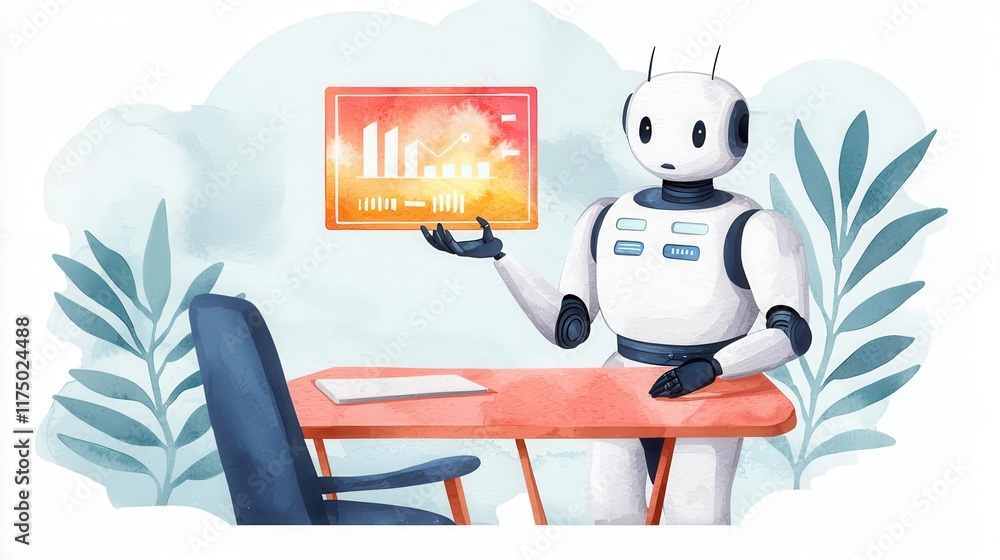 Poster watercolor a friendly robot presenting data on a screen in a modern workspace, showcasing innovation