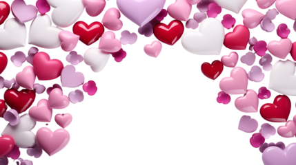 Romantic Pink, Red & White Hearts Valentine's Day Background, studio view, isolated on transparent background.