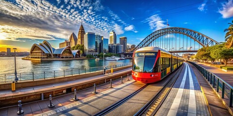 Fototapeta premium Panoramic View: Light Rail Arriving at Circular Quay Sydney