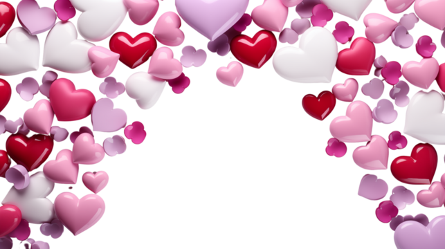 Romantic Pink, Red & White Hearts Valentine's Day Background, studio view, isolated on transparent background.