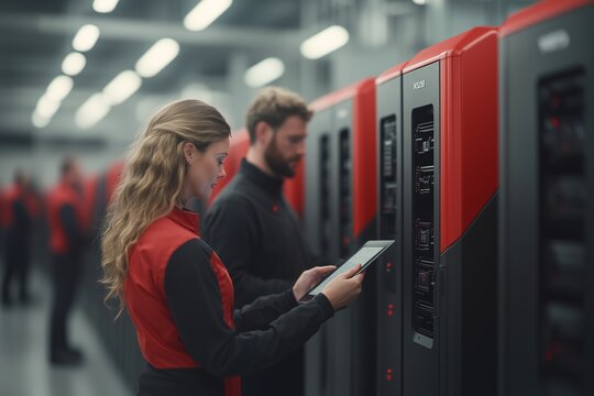Two technicians in professional uniforms work collaboratively in a modern data center. The focus is on a woman holding a tablet and analyzing server configurations, with red and black server racks pro