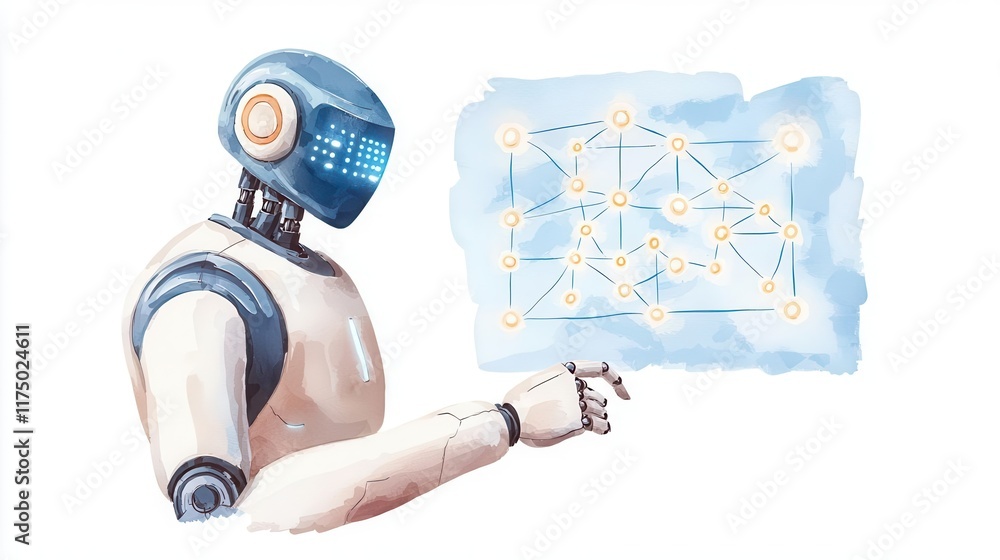 Poster watercolor futuristic robot presenting data on a digital interface, showcasing the synergy between t