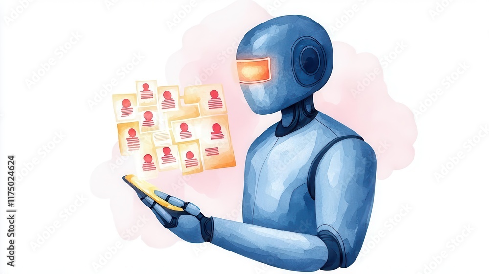 Poster watercolor futuristic robot using technology to analyze digital person profiles and data efficiently