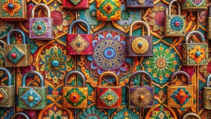 Panoramic View of Abstract Lock Pattern Designs, Security Code Background