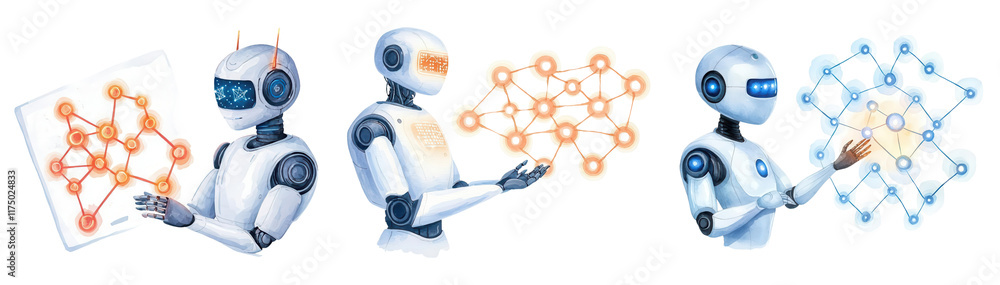 Poster watercolor a set of robots showcasing various stages of data processing and analysis, illustrating a