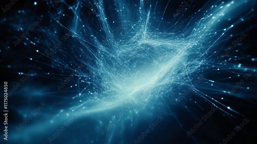 Poster abstract blue background with low poly network connections and glowing dots in dark space.