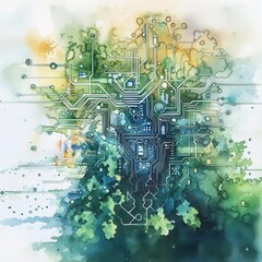 Watercolor a vibrant blend of nature and technology, depicting a circuit board merging with lush greenery and colorful patterns. Commercial use
