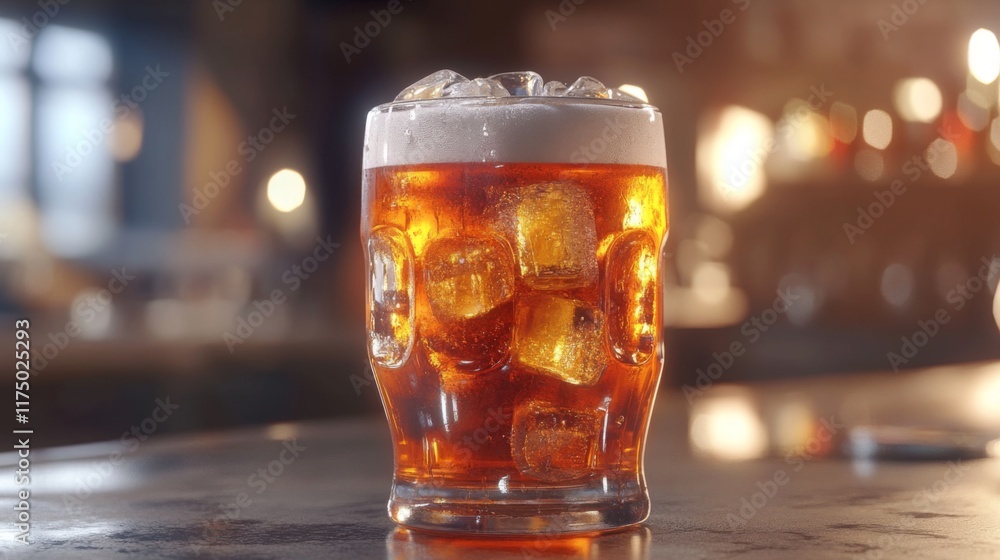 Poster A refreshing glass of beer filled with ice cubes, set on a bar counter with soft reflections, creating a cool and crisp look with a touch of ambient light
