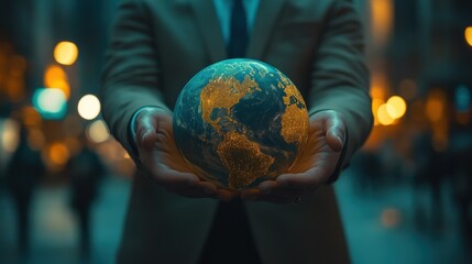 Fototapeta premium Person holding glowing Earth globe, city bokeh background. Illustrates global connection, responsibility, or future concepts.