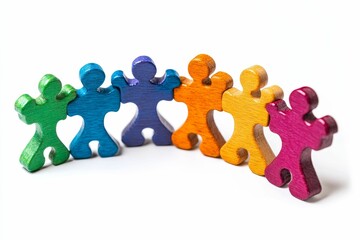 Colorful wooden puzzle pieces joined together.