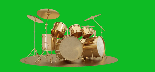 A beautiful golden drum kit stands on a golden podium isolated on a green background. 3D rendering.