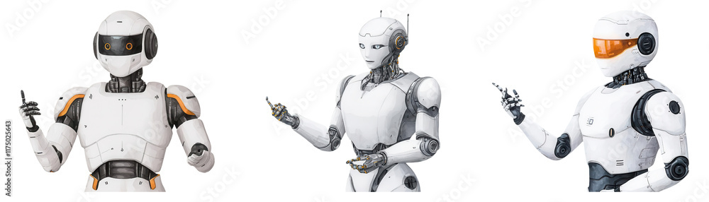Poster watercolor set of futuristic robots showcasing various gestures, symbolizing advancement in robotics