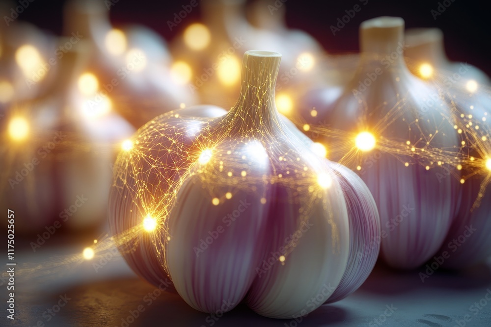 Poster garlic bulbs illuminated with sparkling lights create a magical atmosphere at twilight