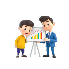 Cartoon men present upward trending graph, office background.