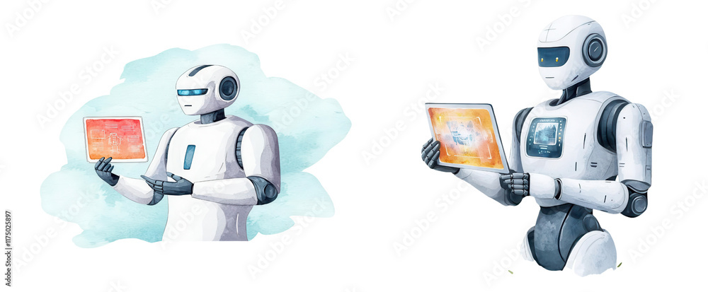 Poster watercolor set of imaginative robots displaying digital screens, showcasing advanced technology and 
