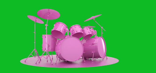 A beautiful golden drum kit stands on a golden podium in a white room. 3D Render.