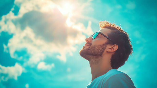 A young man enjoys the sun, wearing sunglasses, with a bright sky and clouds in the background, representing freedom and positivity.