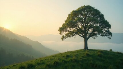 Obraz premium Serene Sunrise A Majestic Tree Stands Alone on a Verdant Hilltop, Misty Mountains in the Background