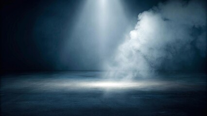 The dark stage shows, dark blue background, an empty dark scene, neon light, and spotlights The concrete floor and studio room with smoke float up the interior texture for display products