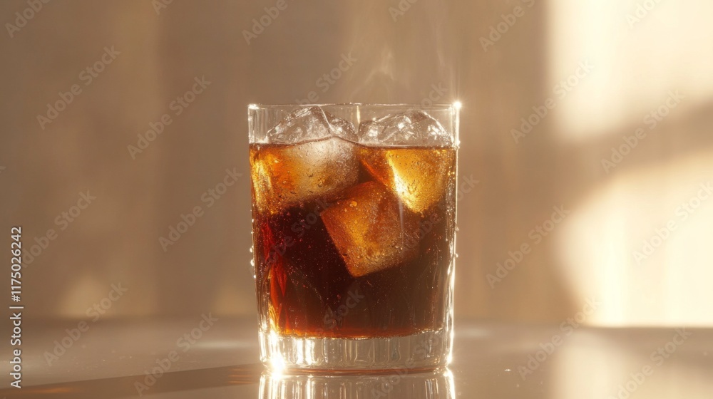 Poster a refreshing image of a cold glass of soda with large ice cubes, condensation dripping down the side