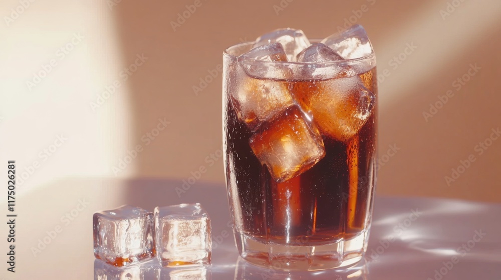 Poster a refreshing image of a cold glass of soda with large ice cubes, condensation dripping down the side