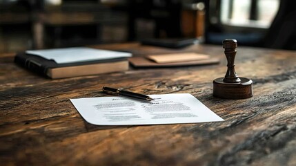 A professional setting with a business stamp and approved documents on a wooden desk