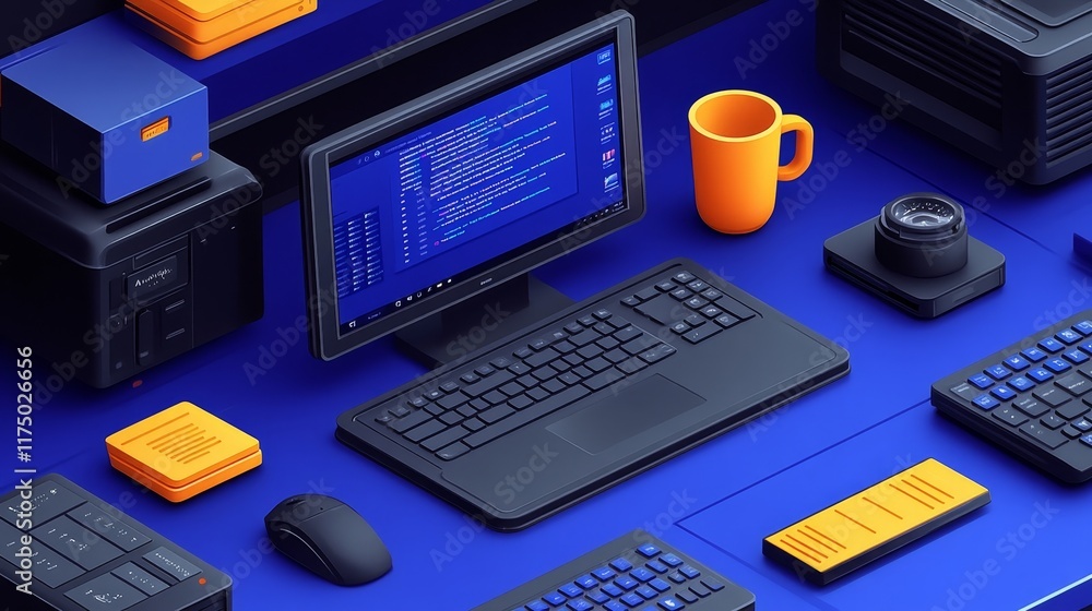 Poster modern tech workspace a colorful array of devices and accessories