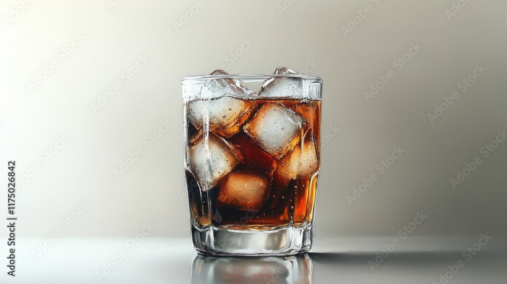 Poster a refreshing image of a cold glass of soda with large ice cubes, condensation dripping down the side