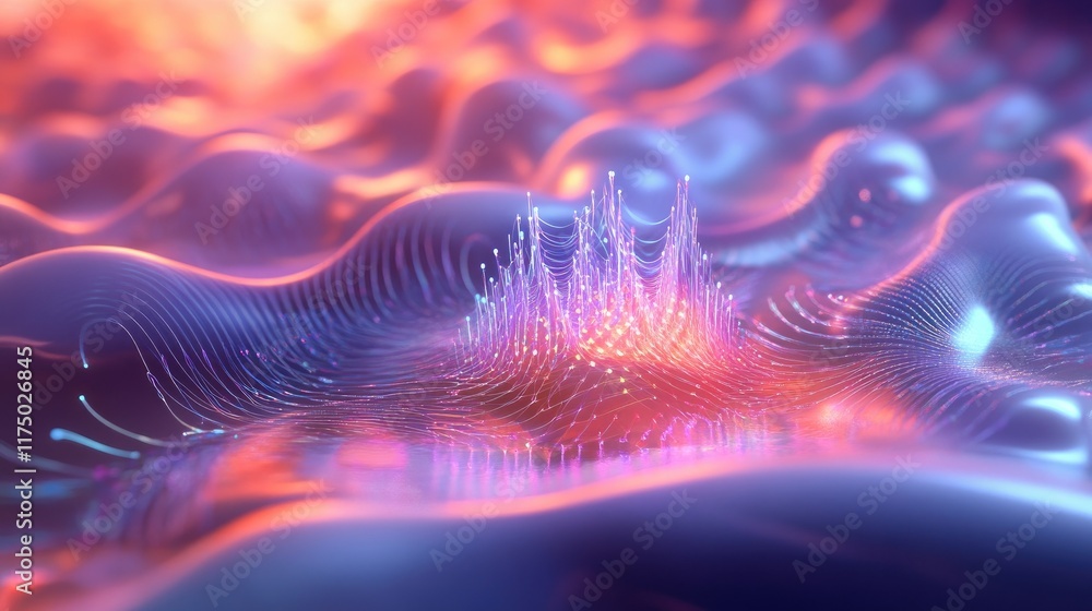 Poster an abstract visualization of mobile signals represented by colorful waves radiating from a central p