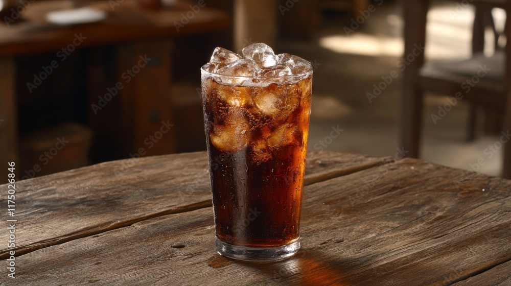 Poster A refreshing shot of a cold soda with ice cubes, the liquid fizzing and sparkling, placed on a rustic wooden table with soft, diffused lighting