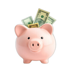 Piggy bank with dollar bills, savings concept, financial planning, isolated background.