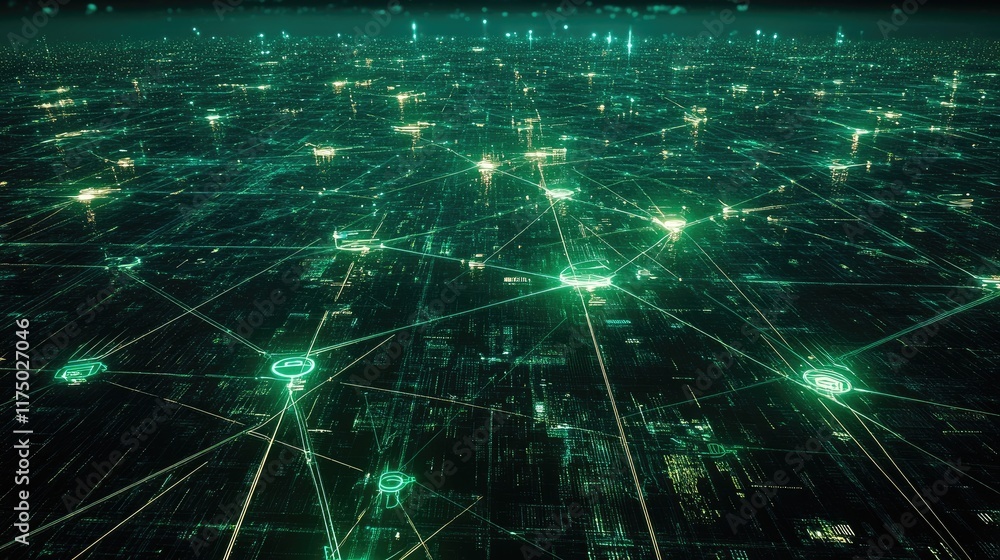 Poster an abstract visualization of interconnected wireless devices, represented as glowing nodes connected