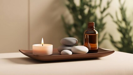 A minimalist 3D render of a spa-like setting. A small arrangement of a lit candle, smooth stones stacked in balance, and a bottle of essential oil placed on a wooden tray. The background is a soft bei