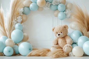 Charming teddy bear on balloon arch with pampas grass against a vintage white wall background