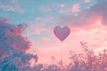 Fototapeta premium A dreamy heart shaped balloon floating in the sky with soft pastel colors and serenity