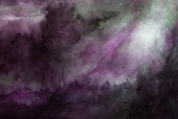 Abstract watercolor painting, dark purple hues, ethereal atmosphere, moody landscape, artistic expression, dreamy background.