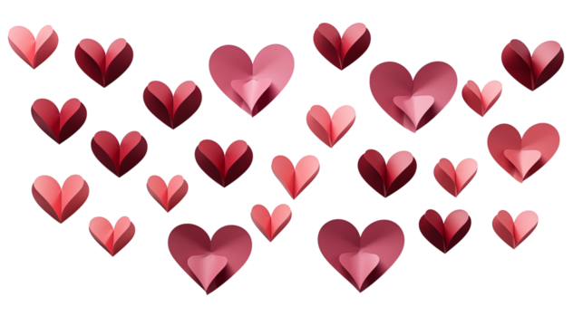 Romantic Red Paper Hearts on Black Background, Valentine's Day, studio view, isolated on transparent background.