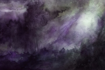 Dark watercolor background, abstract purple hues, moody atmosphere, artistic texture, suitable for design projects.