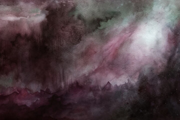 Abstract watercolor landscape, dark hues, ethereal atmosphere, soft gradients, artistic expression, moody background, creative design.