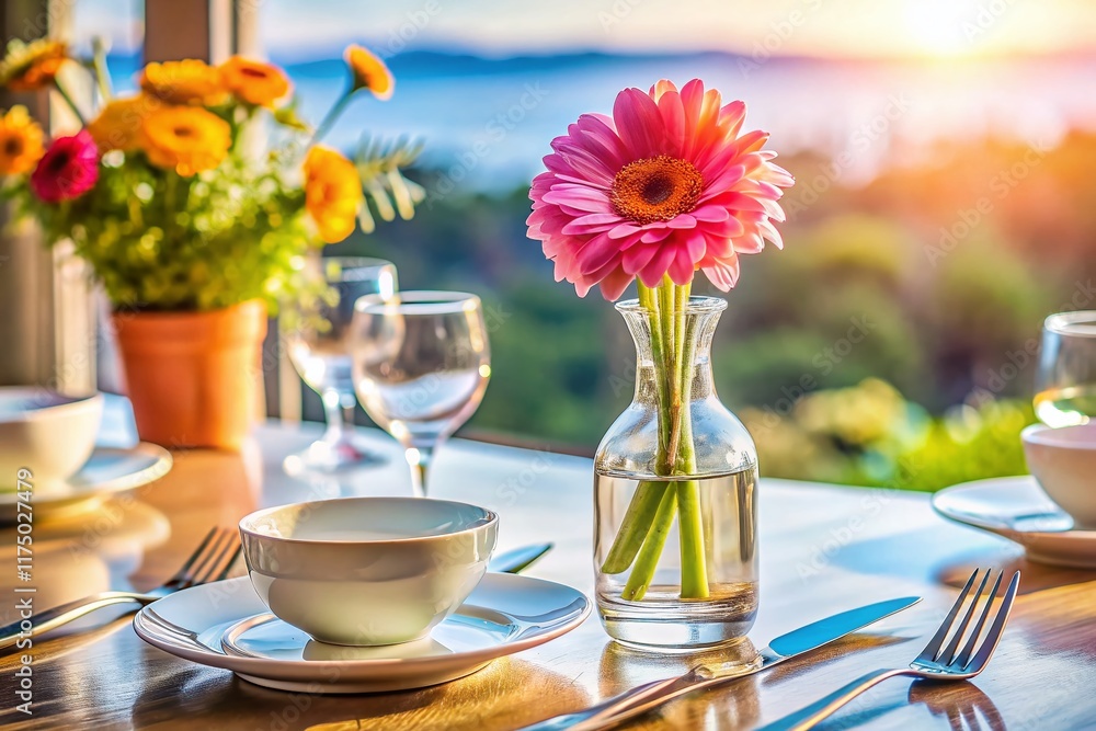 Poster panoramic view of a table setting with cutlery and a flower