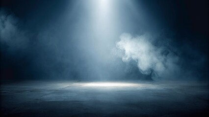 Fototapeta premium The dark stage shows, dark blue background, an empty dark scene, neon light, and spotlights The concrete floor and studio room with smoke float up the interior texture for display products