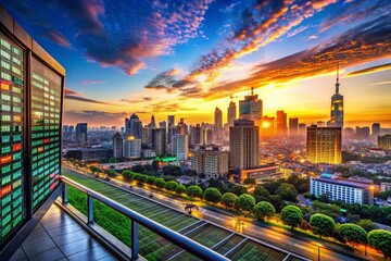 Fototapeta premium Panoramic View of a Vibrant Cityscape at Sunset: Betting Odds & Statistics Displayed on a Large Screen