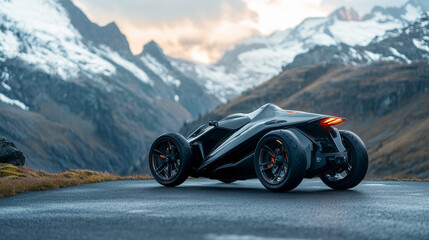 Naklejka premium High-performance vehicle parked on winding mountain road at sunset in snowy landscape